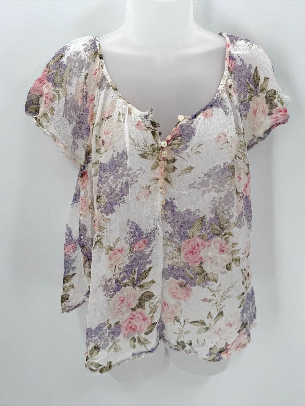 Denim & Supply Blouse Women’s S Floral Semisheer Boho Fairy Fray Edge Flowy Top